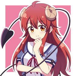  1girl ahoge bangs blue_serafuku blue_shirt blush border breasts brown_eyes brown_hair clenched_hands closed_mouth commentary curled_horns demon_girl demon_horns demon_tail disconnected_mouth eyebrows_visible_through_hair hand_up highres horns large_breasts long_hair looking_at_viewer machikado_mazoku neck_ribbon outline outside_border pink_background puffy_short_sleeves puffy_sleeves red_neckwear red_ribbon ribbon sailor_collar school_uniform shiny shiny_hair shirt short_sleeves simple_background smile solo tail upper_body very_long_hair white_border white_outline white_sailor_collar yoshida_yuuko_(machikado_mazoku) zeta_(24904340) 