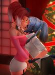  2girls artist_name au_ra black_legwear black_pants blue_hair braid breasts christmas christmas_tree closed_eyes commentary commission cowboy_shot earrings final_fantasy final_fantasy_xiv garter_straps hand_on_another&#039;s_neck height_difference highres holding_mistletoe hyur jewelry kiss large_breasts medium_breasts mistletoe multiple_girls off_shoulder pants pink_shirt ponytail raeenay redhead shirt skirt tail taut_clothes thigh-highs thighs tight tight_pants white_shirt white_skirt wrist_grab yellow_eyes yuri 