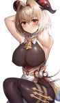  1girl ahoge arcueid_brunestud armpits arms_behind_head blonde_hair blush bodysuit breasts brown_bodysuit cosplay ganyu_(genshin_impact) ganyu_(genshin_impact)_(cosplay) genshin_impact goat_horns highres horns large_breasts looking_at_viewer red_eyes simple_background solo squatting suou-sensei tsukihime white_background 