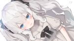  1girl black_bow blue_eyes bow dress grey_hair highres indie_virtual_youtuber retorillo shanoa_(vtuber) silver_hair twintails two_side_up virtual_youtuber white_dress 