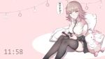  1girl artist_name bangs beige_background black_jacket black_legwear black_shirt blunt_bangs blush breasts collared_shirt commentary dangan_ronpa_(series) dangan_ronpa_2:_goodbye_despair diaper eyebrows_visible_through_hair feet_out_of_frame flipped_hair hair_ornament hairclip handheld_game_console highres holding holding_handheld_game_console hood jacket large_breasts long_sleeves looking_at_viewer medium_hair monomi_(dangan_ronpa) nanami_chiaki neck_ribbon number off_shoulder oubori pillow pink_eyes ribbon shiny shiny_clothes shiny_legwear shirt sitting speech_bubble thigh-highs timestamp translation_request two-tone_skirt white_shirt 