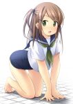  1girl all_fours bangs bare_legs barefoot blue_sailor_collar blue_swimsuit blush brown_hair commentary_request eyebrows_visible_through_hair full_body green_eyes green_neckwear hair_ornament hairclip highres long_hair looking_at_viewer neckerchief old_school_swimsuit one-piece_swimsuit one_side_up open_mouth original sailor_collar school_swimsuit school_uniform serafuku shibacha shirt short_sleeves solo swept_bangs swimsuit swimsuit_under_clothes white_shirt 