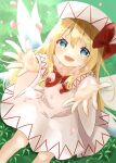  1girl :d blonde_hair blue_eyes bow bowtie commentary_request dress eyebrows_visible_through_hair fairy_wings foreshortening from_above hair_between_eyes hat highres kamachi_(kamati0maru) lily_white long_hair looking_at_viewer on_grass on_ground open_mouth outstretched_arms outstretched_legs petals pink_dress reaching_out red_neckwear sitting smile solo touhou white_headwear wings 
