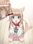 +_+ 1girl 40hara absurdres afterimage animal_collar animal_ear_fluff animal_ears aqua_eyes bangs blonde_hair blurry_foreground blush_stickers cat_ears cat_girl cat_tail collar eyebrows_visible_through_hair highres kinako_(40hara) long_hair looking_at_viewer motion_lines open_mouth original red_collar sitting solo sparkling_eyes tail tail_wagging wariza white_shirt white_t-shirt