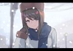 1girl artist_name bangs brown_hair coat fur_hat girls_und_panzer hat highres kimi_tsuru letterboxed lips mika_(girls_und_panzer) outdoors scarf smile snow solo swept_bangs upper_body winter_clothes 