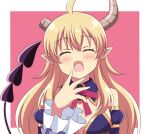  1girl :d ^_^ ahoge bangs bare_shoulders blonde_hair border broken_horn closed_eyes commentary demon_girl demon_horns demon_tail detached_collar detached_sleeves eyebrows_visible_through_hair facing_viewer fang hand_up highres horns lilith_(machikado_mazoku) long_hair machikado_mazoku neck_ribbon open_mouth outside_border pink_background pointy_ears red_ribbon ribbon shiny shiny_hair simple_background skin_fang smile solo tail tail_raised tearing_up upper_body very_long_hair white_border zeta_(24904340) 