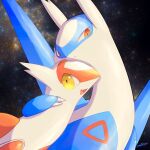  arm_around_neck claws closed_mouth commentary fang gen_3_pokemon latias latios legendary_pokemon looking_at_viewer no_humans nullma open_mouth orange_eyes pokemon pokemon_(creature) shiny shiny_skin skin_fang smile space tongue yellow_eyes 