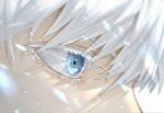  1boy bangs blue_eyes close-up eyelashes gojou_satoru highres jujutsu_kaisen looking_away male_focus narukamiarei profile simple_background solo white_background white_hair 