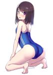  1girl barefoot black_hair blue_swimsuit bosshi commentary_request competition_school_swimsuit from_behind highres kneeling original school_swimsuit short_hair simple_background solo swimsuit twitter_username violet_eyes white_background 