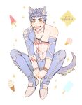  1boy animal_ears blue_hair bodypaint bracelet crescent_necklace cu_chulainn_(fate)_(all) detached_sleeves dog_ears dog_tail earrings fang fate/grand_order fate_(series) food full_body ice_cream jewelry lancer leaning_forward male_focus mog_pero open_mouth pants popsicle shirtless sitting smile solo sparkle sparkling_eyes spiky_hair strap tail type-moon yellow_eyes 