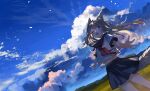  1girl ;d ahoge animal_ears axleaki bangs blouse blue_eyes blue_skirt blue_sky brown_hair clouds dot_nose dutch_angle eyebrows_visible_through_hair floating_hair highres horizon landscape long_hair midriff_peek navel neckerchief one_eye_closed open_mouth original outdoors outstretched_arms red_neckwear scenery school_uniform serafuku short_sleeves skirt sky smile solo white_blouse 