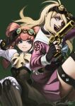  2girls :d adjusting_goggles antenna_hair bangs black_gloves blonde_hair blue_eyes breasts choker commentary_request crossover dai_gyakuten_saiban dangan_ronpa_(series) dangan_ronpa_v3:_killing_harmony drill_hair fingerless_gloves frills gloves goggles goggles_on_head green_background gun gyakuten_saiban hair_ornament hair_rings hand_up highres iris_watson iruma_miu long_hair long_sleeves looking_at_viewer multiple_girls nyuukazai open_mouth photoshop_(medium) pink_hair pink_shirt pink_skirt school_uniform serafuku shirt sitting skirt smile twin_drills twintails weapon 