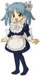  1girl :d apron aqua_eyes aqua_hair bangs blue_dress blush commentary dress english_commentary eyebrows_visible_through_hair frilled_apron frills full_body hair_ornament juliet_sleeves kasuga39 long_sleeves looking_at_viewer maid maid_apron no_shoes official_art open_mouth pantyhose puffy_sleeves puzzle_piece_hair_ornament simple_background skirt smile solo standing twintails waist_apron white_apron white_background wikipe-tan wikipedia 