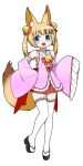  1girl :3 :d animal_ear_fluff animal_ears bangs bare_shoulders bell blonde_hair blue_eyes bow detached_sleeves eyebrows_visible_through_hair fangs fox_ears fox_girl fox_tail frilled_legwear frilled_sleeves frills full_body geta hair_bell hair_bow hair_ornament hairclip highres jingle_bell kemomimi_oukoku_kokuei_housou mikoko_(kemomimi_oukoku_kokuei_housou) miniskirt okunin open_mouth pleated_skirt red_bow red_skirt ribbon-trimmed_legwear ribbon_trim simple_background skirt sleeves_past_fingers sleeves_past_wrists smile solo tail thigh-highs twintails virtual_youtuber white_background white_legwear zettai_ryouiki 