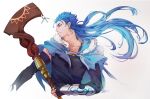 1boy blue_hair bracelet capelet closed_mouth cu_chulainn_(fate)_(all) cu_chulainn_(fate/grand_order) earrings elbow_gloves fate/grand_order fate_(series) fingerless_gloves floating_hair fur-trimmed_hood fur_trim gloves highres holding holding_staff hood hood_down hooded_capelet iash jewelry long_hair looking_to_the_side male_focus multiple_piercings red_eyes simple_background smile solo spiky_hair staff type-moon vambraces wooden_staff 