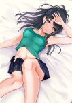  1girl absurdres arm_up armpits bangs bare_arms bare_legs bed bed_sheet black_hair black_skirt breasts collarbone eyebrows_visible_through_hair from_above green_shirt groin hand_over_face highres idolmaster idolmaster_shiny_colors kazano_hiori knee_up light_smile long_hair looking_at_viewer lying mole mole_under_mouth mossan_(mossan-777) navel no_panties on_back on_bed pleated_skirt shirt shirt_lift sidelocks skirt sleeveless small_breasts solo tank_top unfastened violet_eyes 