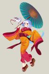  1girl absurdres blush braid fox_mask grey_background hands_up highres holding holding_umbrella japanese_clothes kimono mask mask_removed obi orange_eyes orange_kimono original sandals sash short_hair simple_background solo umbrella very_long_sleeves white_hair wide_sleeves zambiie 