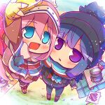  2girls :d bangs beanie black_headwear blue_eyes blue_hair blush boots brown_footwear cellphone chibi commentary eyebrows_visible_through_hair fingerless_gloves foreshortening from_above full_body gloves hair_between_eyes hat holding holding_phone kagamihara_nadeshiko knee_boots long_hair long_sleeves looking_at_viewer looking_up multiple_girls open_mouth pantyhose phone pink_coat pink_hair scarf self_shot shima_rin sidelocks smartphone smile standing striped striped_scarf suntail tent violet_eyes winter_clothes yellow_gloves yurucamp 