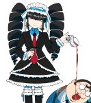  1boy 1girl :&gt; bangs black_hair black_jacket black_legwear black_nails black_skirt bonnet brown_hair celestia_ludenberg closed_eyes collared_shirt cup dangan_ronpa:_trigger_happy_havoc dangan_ronpa_(series) drill_hair earrings facing_viewer fat fat_man frills furukawa_(yomawari) glasses gothic_lolita hairband highres holding jacket jewelry kneehighs lolita_fashion long_hair nail_polish necktie red_neckwear round_eyewear shirt short_hair simple_background skirt smile spilling standing tea teacup thigh-highs twin_drills twintails very_short_hair white_background yamada_hifumi 