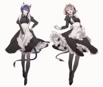  112423a 2girls absurdres alternate_costume apron arknights black_dress black_footwear blue_hair blush breasts ch&#039;en_(arknights) closed_mouth demon_horns demon_tail dragon_horns dress enmaided expressionless eyebrows_visible_through_hair frilled_dress frills full_body hair_between_eyes hand_on_hip highres horns long_sleeves looking_at_viewer maid maid_apron maid_headdress medium_breasts medium_hair multicolored_hair multiple_girls open_mouth orange_eyes puffy_long_sleeves puffy_sleeves red_eyes redhead shoes short_hair silver_hair simple_background sketch smile streaked_hair tail twintails two-tone_hair w_(arknights) white_background 