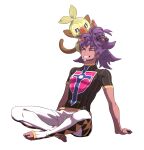  1boy arm_support bangs champion_uniform closed_eyes commentary_request dark_skin dark_skinned_male facial_hair gen_8_pokemon grookey highres korean_commentary leggings leon_(pokemon) male_focus no_shoes on_head pokemon pokemon_(creature) pokemon_(game) pokemon_on_head pokemon_swsh purple_hair redlhzz shirt short_shorts short_sleeves shorts sitting smile starter_pokemon teeth white_legwear white_shorts 