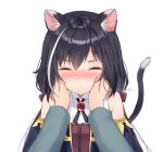  1girl :i animal_ear_fluff animal_ears anz32 bangs bare_shoulders black_hair black_sleeves blush bow brown_bow cat_ears cat_girl cat_tail closed_eyes closed_mouth collared_shirt commentary_request detached_sleeves eyebrows_visible_through_hair facing_viewer hair_between_eyes hair_bow hands_on_another&#039;s_cheeks hands_on_another&#039;s_face karyl_(princess_connect!) long_hair long_sleeves low_twintails multicolored_hair out_of_frame princess_connect! princess_connect!_re:dive shirt simple_background sleeveless sleeveless_shirt solo_focus streaked_hair tail tail_raised twintails twitter_username upper_body white_background white_hair white_shirt 