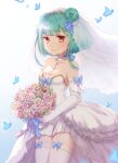  1girl aesice bangs blush bridal_veil bride double_bun dress flower garter_belt garter_straps gloves green_hair hair_ornament hololive looking_at_viewer red_eyes short_hair smile solo thigh-highs uruha_rushia veil virtual_youtuber wedding wedding_dress 