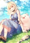  1girl :d bird blonde_hair blue_dress blue_sky blush braid brown_footwear buta_no_liver_wa_kanetsu_shiro checkered checkered_dress clouds cloudy_sky day dress earrings flock hand_up jess_(buta_no_liver_wa_kanetsu_shiro) jewelry looking_at_viewer medium_hair open_mouth outdoors pig plaid plaid_dress red_eyes shirt shoes sitting sky smile socks solo toosaka_asagi unmoving_pattern white_legwear white_shirt 