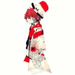  1boy 3kuma armband ascot bandaged_arm bandages closed_eyes coat colored_skin cross_scar flag from_side fukase hat headphones male_focus official_art pleated_skirt red_eyes red_neckwear red_skirt redhead scar_on_arm scar_on_mouth skirt upper_body vocaloid white_background white_coat white_skin 