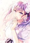  1girl black_ribbon breasts cherry_blossoms closed_mouth dress fate/stay_night fate_(series) flower flower_over_mouth hair_ribbon holding holding_flower large_breasts long_hair looking_at_viewer matou_sakura pink_flower puffy_short_sleeves puffy_sleeves purple_hair red_ribbon ribbon short_sleeves solo toosaka_asagi tree_branch upper_body violet_eyes white_dress 