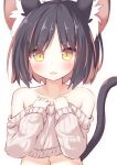  1girl :d animal_ear_fluff animal_ears bangs bare_shoulders black_hair brown_eyes cat_ears cat_girl cat_tail collarbone commentary_request crop_top cropped_torso daidai_ookami eyebrows_visible_through_hair hands_up long_sleeves looking_at_viewer multicolored_hair navel off-shoulder_sweater off_shoulder open_mouth original parted_bangs simple_background sleeves_past_wrists smile solo sweater tail tail_raised two-tone_hair upper_body white_background white_sweater 