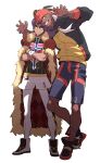  2boys baseball_cap black_hoodie cape champion_uniform claw_pose clenched_teeth closed_mouth commentary_request crossed_arms dark_skin dark_skinned_male earrings facial_hair fur-trimmed_cape fur_trim gym_leader hat highres hood hoodie jewelry knees korean_commentary leon_(pokemon) long_hair male_focus multiple_boys number orange_headwear pokemon pokemon_(game) pokemon_swsh purple_hair raihan_(pokemon) red_cape redlhzz shirt shoes short_shorts shorts side_slit side_slit_shorts smile standing teeth white_legwear white_shorts yellow_eyes 