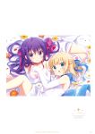  2girls absurdres bangs bed_sheet blonde_hair blue_bow blue_choker bow choker closed_mouth collarbone dress elbow_gloves eyebrows_visible_through_hair flower gloves gochuumon_wa_usagi_desu_ka? hair_between_eyes hair_bow highres holding_hands kirima_sharo koi_(koisan) long_hair looking_at_viewer lying multiple_girls on_side on_stomach open_mouth purple_hair red_bow red_choker short_dress sleeveless sleeveless_dress tedeza_rize very_long_hair white_dress white_flower white_gloves 