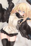  1girl an_fyhx arknights ass_visible_through_thighs black_jacket black_legwear black_skirt blonde_hair breasts commentary durin_(arknights) eyebrows_visible_through_hair eyelashes from_above hair_between_eyes highres jacket large_breasts long_hair looking_at_viewer lying miniskirt name_tag on_back open_clothes open_jacket pleated_skirt pointy_ears shirt skindentation skirt solo thigh-highs thighs white_shirt 