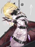  1girl angry arrow_(symbol) bdsm belt belt_buckle blonde_hair bondage bound buckle chain coffin covered_mouth eyebrows_visible_through_hair fang flandre_scarlet hair_over_eyes highres mask menou_74 mouth_mask red_eyes restrained short_hair solo straitjacket touhou v-shaped_eyebrows 