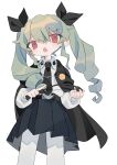  1girl :o anchovy_(girls_und_panzer) anzio_school_uniform bangs belt black_belt black_cape black_neckwear black_ribbon cape cowboy_shot daizu_(melon-lemon) drill_hair from_below girls_und_panzer green_hair hair_between_eyes hair_ribbon hands_up highres long_hair long_sleeves looking_at_viewer looking_down necktie no_nose open_mouth pantyhose pleated_skirt red_eyes ribbon riding_crop school_uniform shirt sidelocks simple_background skirt solo standing twin_drills twintails v-shaped_eyebrows white_background white_legwear white_shirt wing_collar 