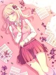  1girl :o ahoge akamatsu_kaede bangs beamed_eighth_notes beamed_sixteenth_notes blonde_hair blush breasts collared_shirt commentary_request curtains dangan_ronpa_(series) dangan_ronpa_v3:_killing_harmony eighth_note flower hair_ornament hand_up indoors long_hair long_sleeves looking_at_viewer lying medium_breasts miniskirt misumi_(71_fq) musical_note musical_note_hair_ornament necktie on_back open_mouth petals pink_eyes pink_vest pleated_skirt quarter_note school_uniform sheet_music shirt skirt solo striped sweater_vest vest yellow_eyes 