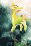  closed_mouth commentary_request full_body gen_5_pokemon highres legendary_pokemon looking_back neejyu no_humans pokemon pokemon_(creature) rain red_eyes reflection ripples smile virizion water 