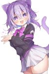  1girl animal_ear_fluff animal_ears black_sweater cat_ears cat_tail gau_(n00_shi) hands_together hololive looking_at_viewer miniskirt nekomata_okayu open_mouth purple_hair short_hair simple_background skirt smile solo sweater tail thigh-highs thighs violet_eyes virtual_youtuber white_background white_legwear white_skirt zettai_ryouiki 