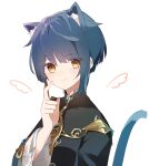  1boy a.a_(aa772) animal_ear_fluff animal_ears bangs black_jacket blue_hair blush brown_eyes cat_boy cat_ears cat_tail closed_mouth commentary_request drawn_wings earrings eyebrows_visible_through_hair frilled_sleeves frills genshin_impact hair_between_eyes jacket jewelry kemonomimi_mode long_sleeves looking_at_viewer male_focus simple_background solo tail tail_raised upper_body white_background wide_sleeves xingqiu_(genshin_impact) 