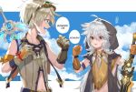  2boys alvarichie bandaid bandaid_on_nose bangs bennett_(genshin_impact) blonde_hair clenched_hand clenched_hands clouds dated day fingerless_gloves genshin_impact gloves goggles goggles_on_head green_eyes grey_hair hair_between_eyes highres holding holding_sword holding_weapon hood hood_up long_hair male_focus mountain multiple_boys orange_gloves outdoors over_shoulder razor_(genshin_impact) red_eyes romaji_text scar scar_on_arm signature sky sleeveless speech_bubble sword weapon weapon_over_shoulder 
