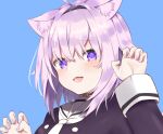  1girl ahoge animal_ear_fluff animal_ears appo_(36786257) bangs blue_background blush breasts cat_ears cat_girl eyebrows_visible_through_hair hair_between_eyes highres hololive long_sleeves looking_at_viewer nekomata_okayu open_mouth paw_pose purple_hair short_hair simple_background solo violet_eyes virtual_youtuber 