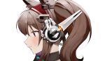  1girl absurdres angelina_(arknights) animal_ears arknights bangs blush brown_hair closed_mouth collar eyebrows_visible_through_hair fox_ears fox_girl from_side glowing hairband headgear highres long_hair moko_(moko/moko) portrait profile red_hairband smile solo twintails 