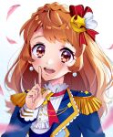  1girl :d aikatsu! aikatsu!_(series) aikatsu_on_parade! arm_up blue_jacket blush braid brown_eyes close-up collared_shirt commentary_request crown_braid earrings epaulettes eyebrows_visible_through_hair finger_to_mouth hair_ornament hair_ribbon highres idol index_finger_raised jacket jewelry kaoryu-kun lips long_hair looking_at_viewer neck_ribbon oozora_akari open_mouth orange_hair pearl_earrings petals red_ribbon ribbon round_teeth shirt shushing smile solo star_(symbol) star_hair_ornament teeth upper_body white_shirt 