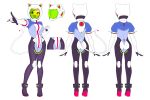 1girl :d aki_rosenthal animal_ears animal_ears_helmet ass ass_visible_through_thighs bodysuit breasts cat_ears cat_tail clenched_hand full_body helmet high_heels highres hololive looking_at_viewer medium_breasts multiple_views okunin open_mouth outstretched_arm simple_background smile standing tail thigh_gap virtual_youtuber white_background 