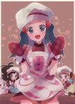  3girls :d alcremie apron black_hair blush buttons commentary_request hikari_(pokemon) dress eyelashes food frills fruit gen_5_pokemon gen_8_pokemon grey_headwear hair_ornament hairclip hat head_tilt highres hilda_(pokemon) long_hair looking_at_viewer mittens mixing_bowl multiple_girls ohds101 open_mouth pokemon pokemon_(creature) pokemon_(game) pokemon_masters_ex red_dress red_mittens serena_(pokemon) smile strawberry tongue whimsicott whisk 