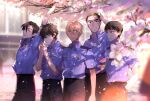  5boys :d amuro_tooru arm_at_side arm_behind_back arm_up bangs belt black_hair blonde_hair blue_eyes blue_shirt blurry blurry_background brown_eyes brown_hair cherry_blossoms cigarette closed_mouth collared_shirt commentary_request date_wataru day falling_petals flower from_side hagiwara_kenji hair_between_eyes hand_in_pocket happy holding_lighter kanamura_ren lighter lighting_cigarette looking_to_the_side looking_up male_focus matsuda_jinpei meitantei_conan mouth_hold multiple_boys open_mouth parted_lips petals pink_flower police police_uniform policeman scotch_(meitantei_conan) shirt short_hair short_sleeves smile standing stretch tree uniform watch watch 