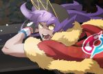  1boy bangs baseball_cap blurry cape commentary_request dark_skin dark_skinned_male dynamax_band eyebrows_visible_through_hair fur-trimmed_cape fur_trim gloves hat korean_commentary lens_flare leon_(pokemon) long_hair male_focus open_mouth pokemon pokemon_(game) pokemon_swsh purple_hair red_cape redlhzz solo teeth tongue yellow_eyes 