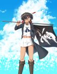  1girl absurdres bangs beni_(bluebluesky) black_coat black_footwear black_hair blouse blue_eyes blue_neckwear blue_sky blurry blurry_background boots bow clouds cloudy_sky coat commentary dark_skin depth_of_field dixie_cup_hat flag girls_und_panzer grin hair_bow hair_over_one_eye hand_on_hip hat hat_feather highres holding holding_flag horizon jolly_roger knee_boots long_coat long_hair long_sleeves looking_at_viewer midriff military_hat miniskirt mouth_hold navel neckerchief ocean ogin_(girls_und_panzer) ooarai_naval_school_uniform open_clothes open_coat outdoors pipe pleated_skirt ponytail red_bow sailor sailor_collar school_uniform skirt sky smile solo standing white_blouse white_headwear white_skirt wind 