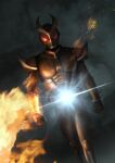  1boy armor belt bracer clenched_hands fire glowing kamen_rider kamen_rider_agito kamen_rider_agito_(series) looking_at_viewer male_focus red_eyes smoke solo tokusatsu tsubasansan v-fin walking 